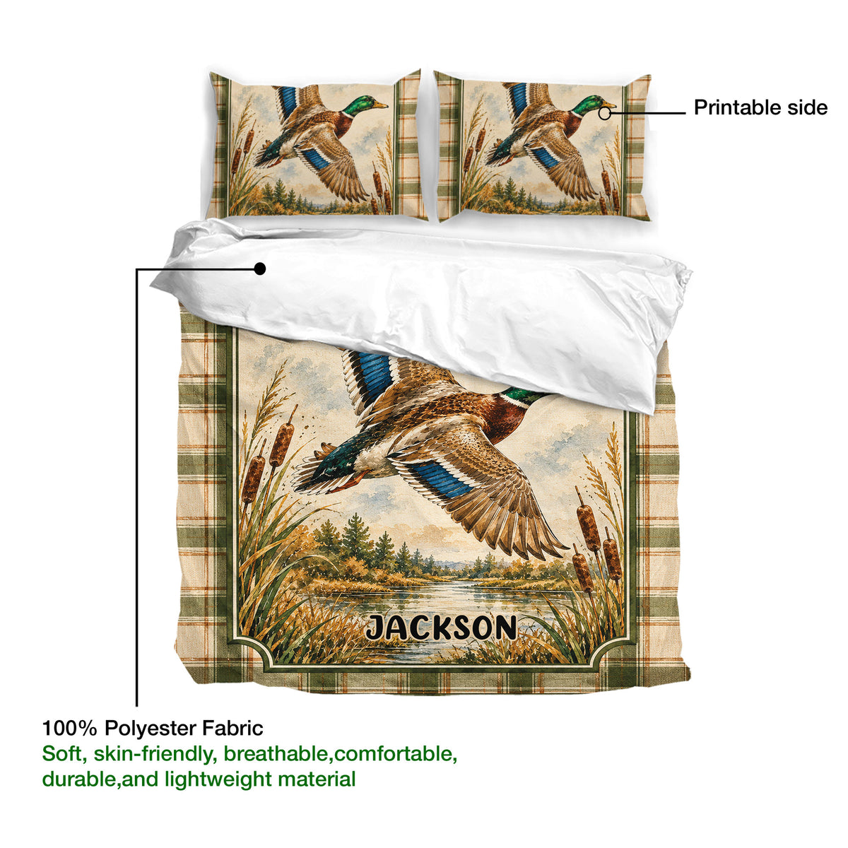 Duck hunting duvet cover artwork showing mallard ducks, cattails, lake scenery, and a rustic plaid frame