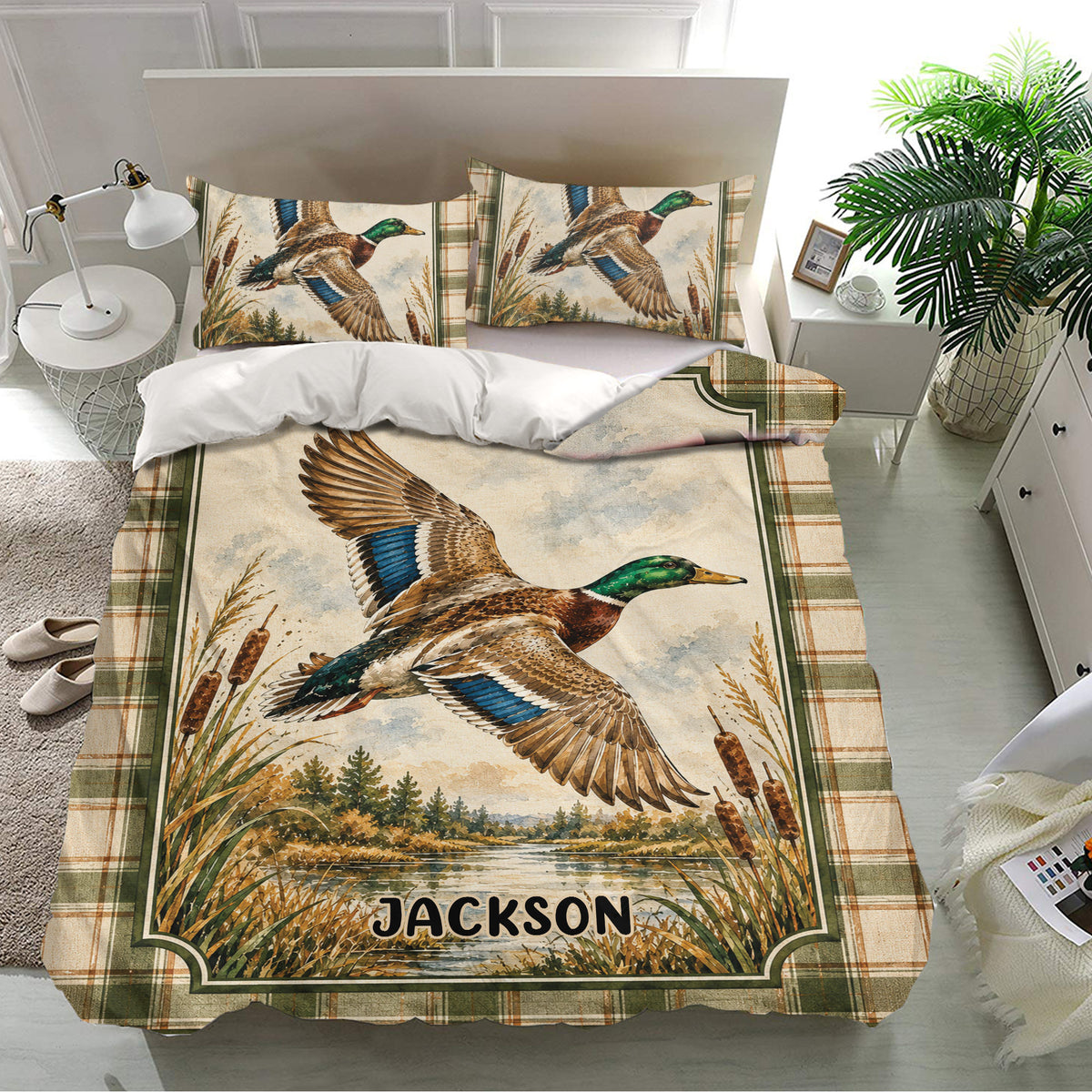 Duck hunting duvet cover set in a bright bedroom featuring a flying mallard, cattails, lake, and plaid border