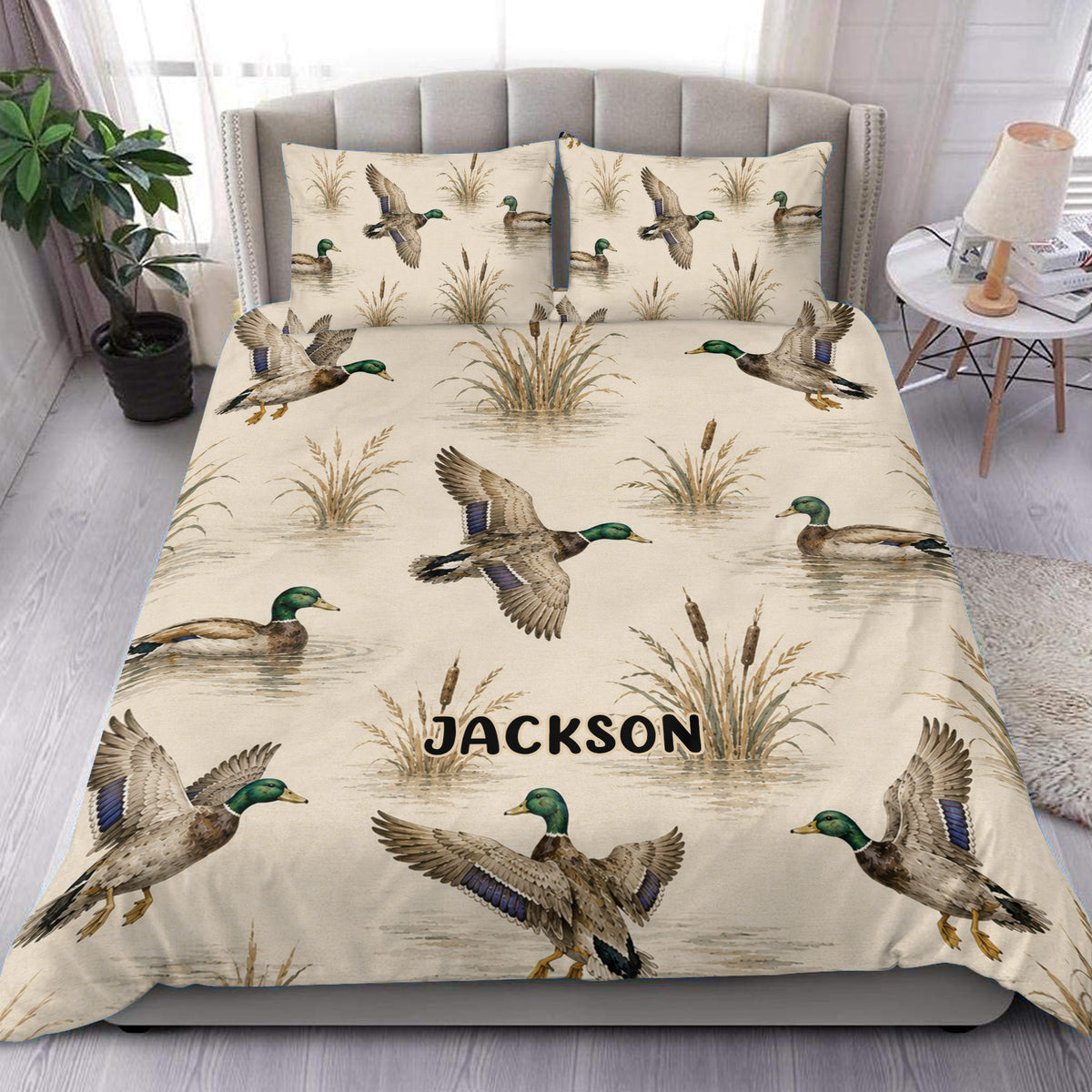 Custom duck hunting duvet cover set displayed on a bed with mallard ducks and cattails