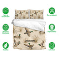 Duck hunting duvet bedding set with mallard artwork, cattails, and soft breathable fabric callouts