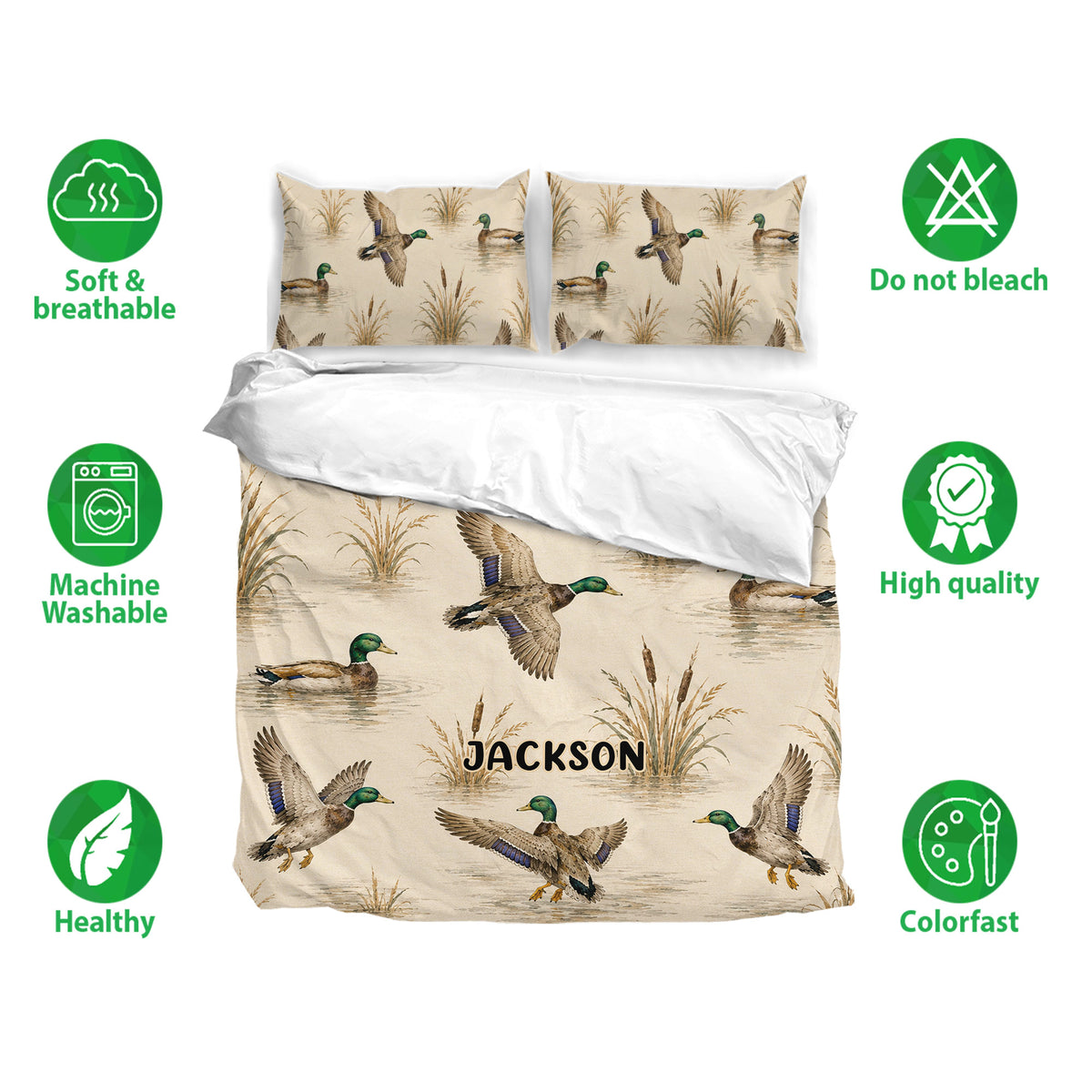 Duck hunting duvet bedding set with mallard artwork, cattails, and soft breathable fabric callouts