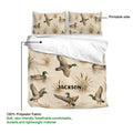 Duck hunting duvet cover set showing mallard artwork, printable side, and 100% polyester fabric