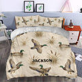 Duck hunting duvet cover styled in a bedroom with flying and swimming mallard artwork