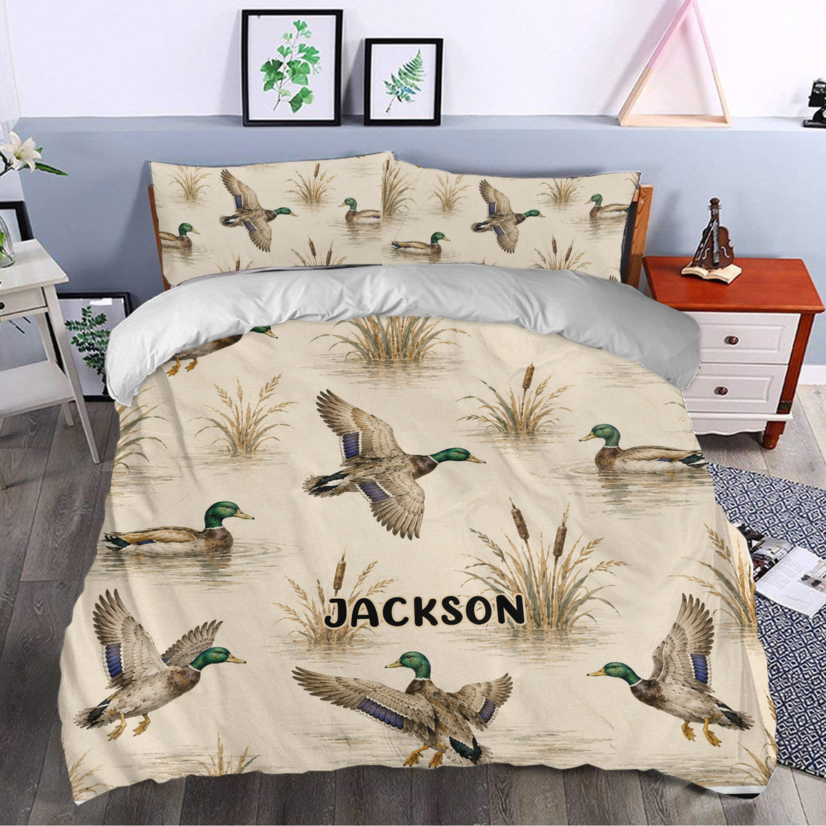 Duck hunting duvet cover styled in a bedroom with flying and swimming mallard artwork