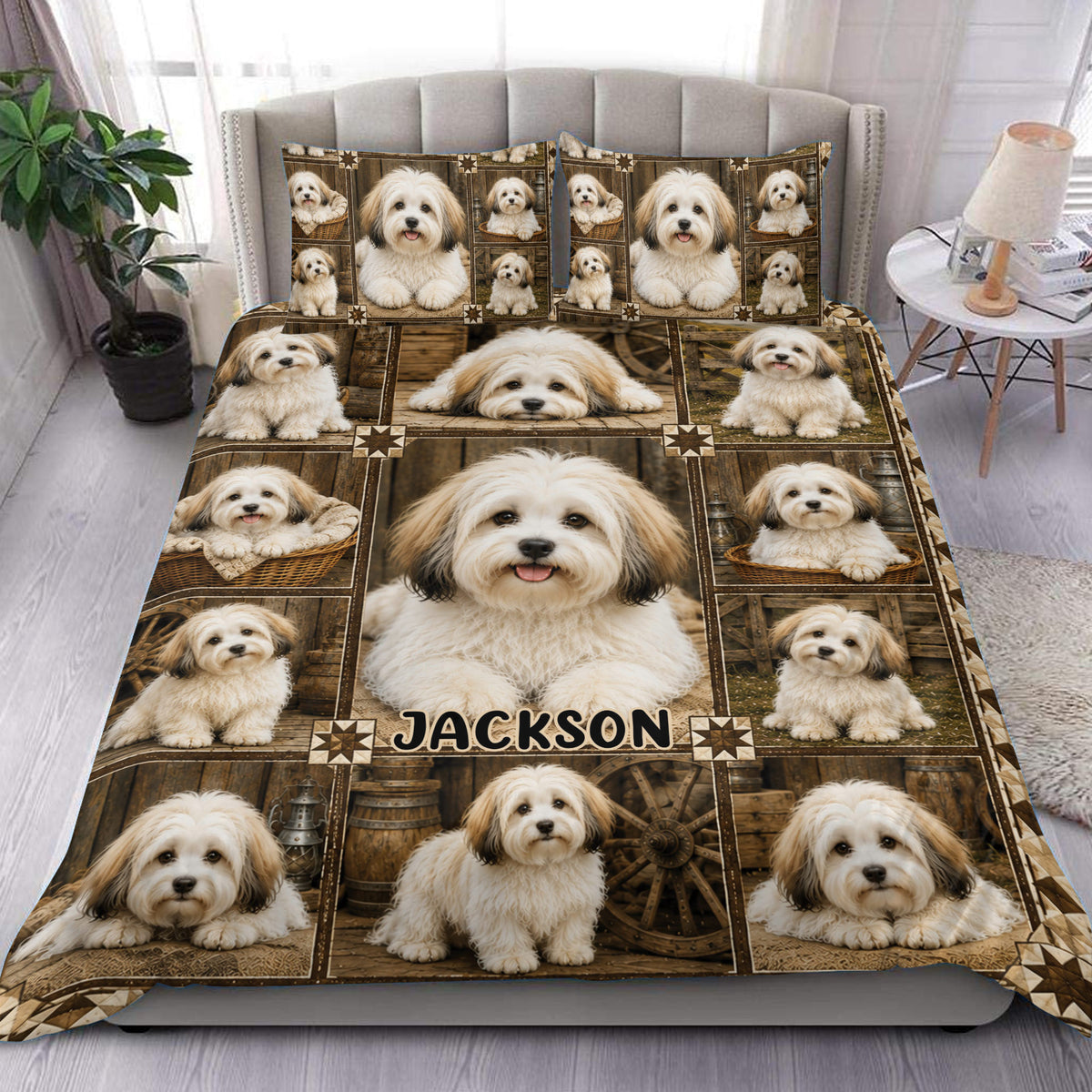 Havanese duvet cover set displayed on a bed with rustic wood panels and repeated dog portraits