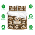 Havanese bedding set shown with matching pillowcases and care feature icons