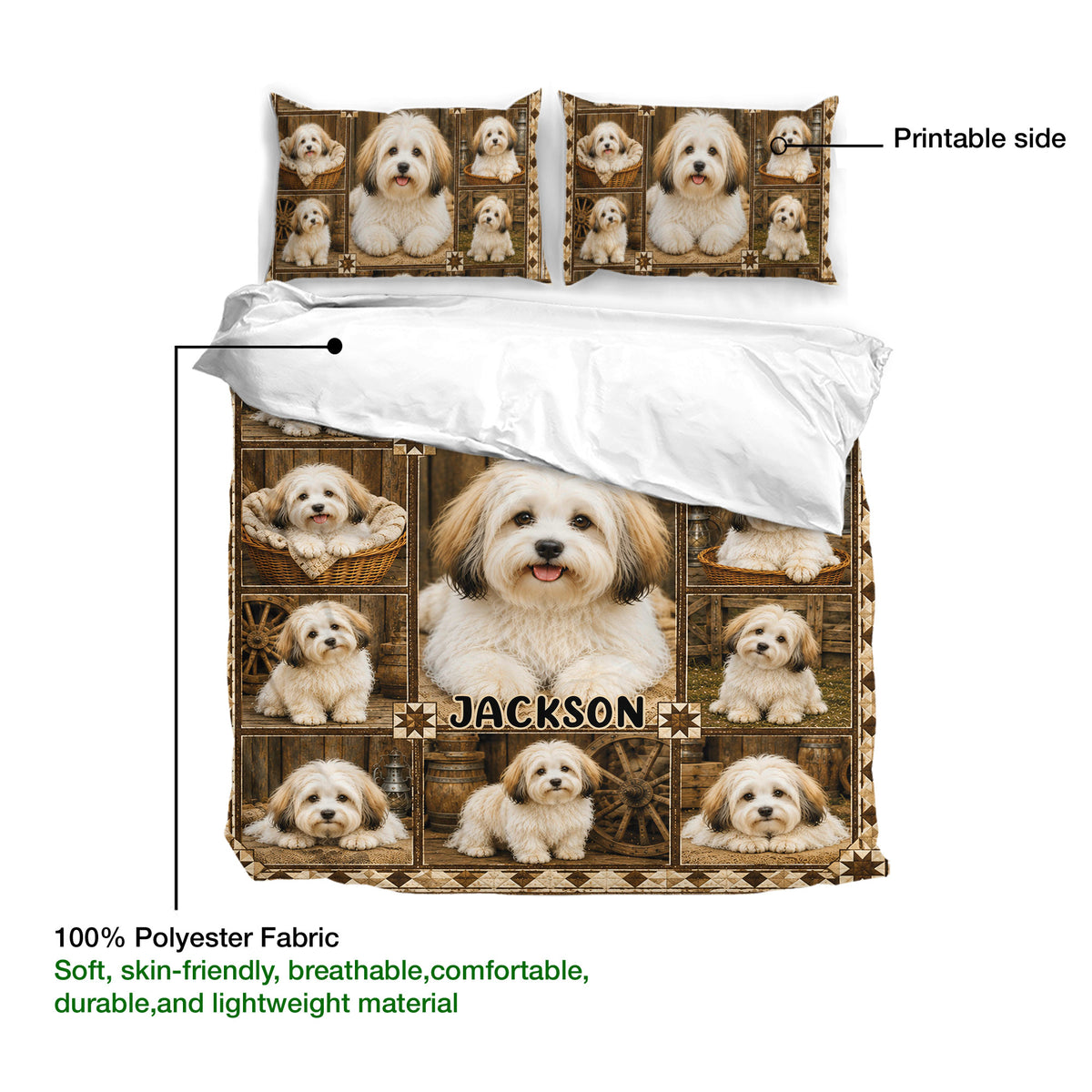Havanese duvet cover and pillowcases shown with a printable rustic dog collage design