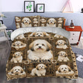 Rustic Havanese duvet cover set styled in a bedroom with warm brown dog portraits