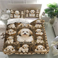 Havanese bedding set displayed in a bright bedroom with matching dog portrait pillowcases
