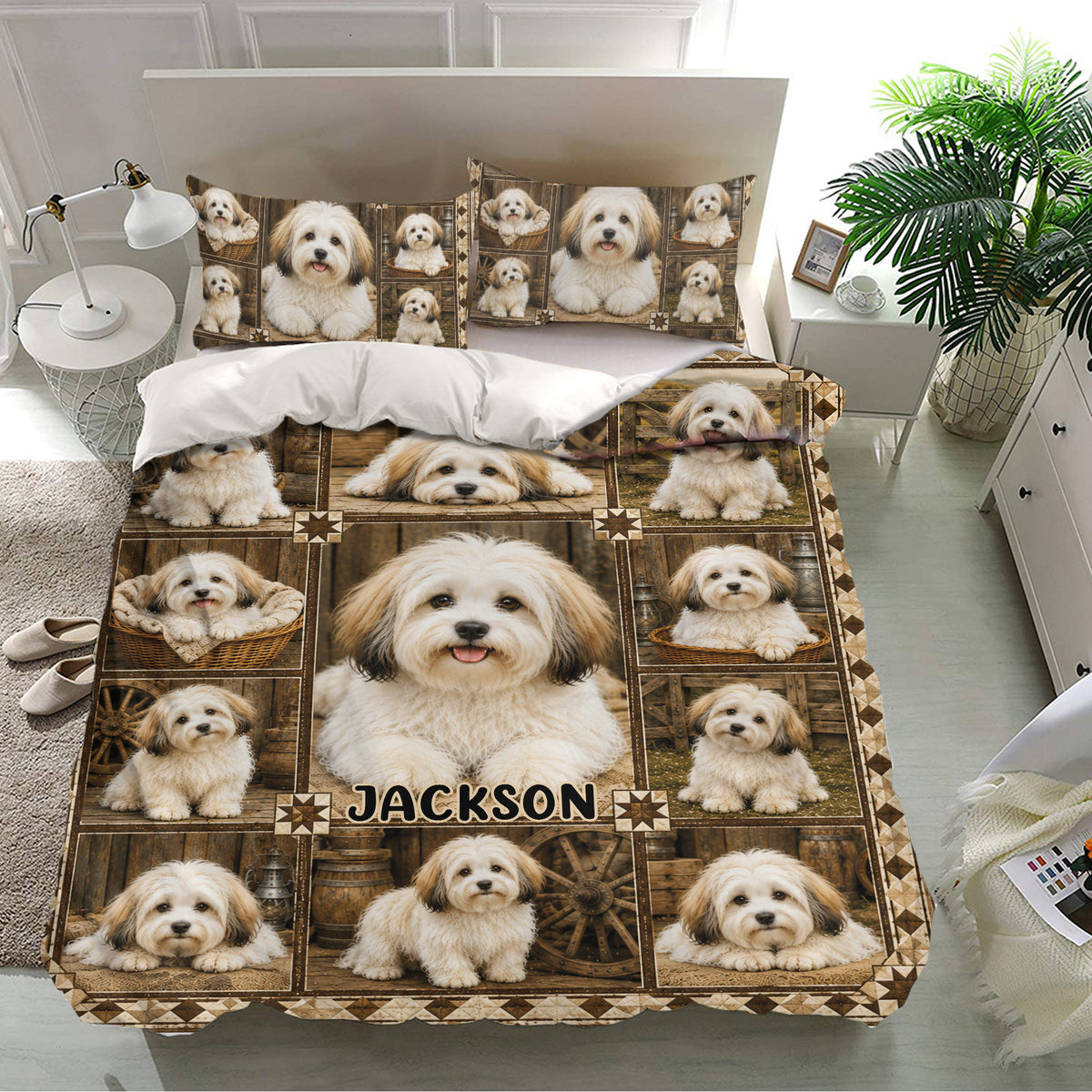 Havanese bedding set displayed in a bright bedroom with matching dog portrait pillowcases