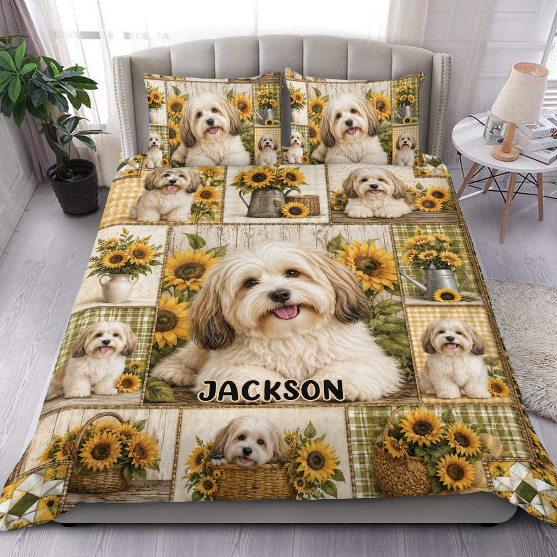 Havanese duvet cover set displayed on a bed with sunflower panels, rustic wood accents, and matching pillowcases