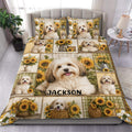 Havanese duvet cover set displayed on a bed with sunflower panels, rustic wood accents, and matching pillowcases