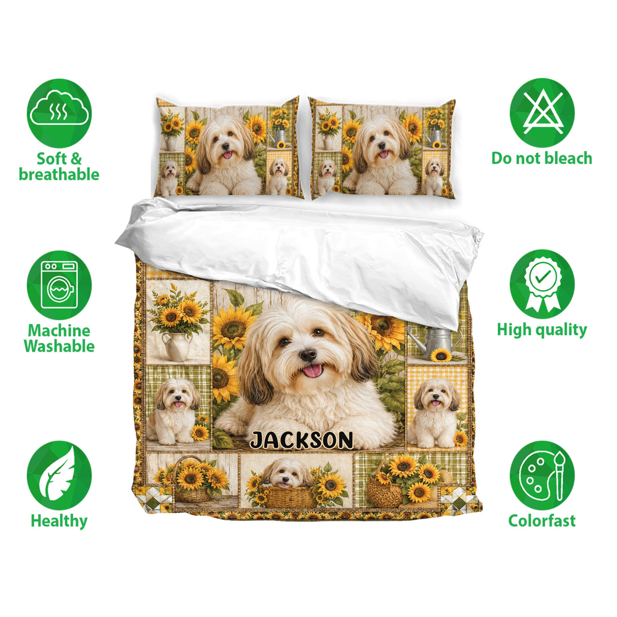Havanese bedding set with sunflower artwork shown on a bed alongside soft breathable and machine washable feature icons