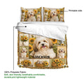 Havanese duvet cover bedding set displaying the printed side, soft polyester fabric, and sunflower dog artwork