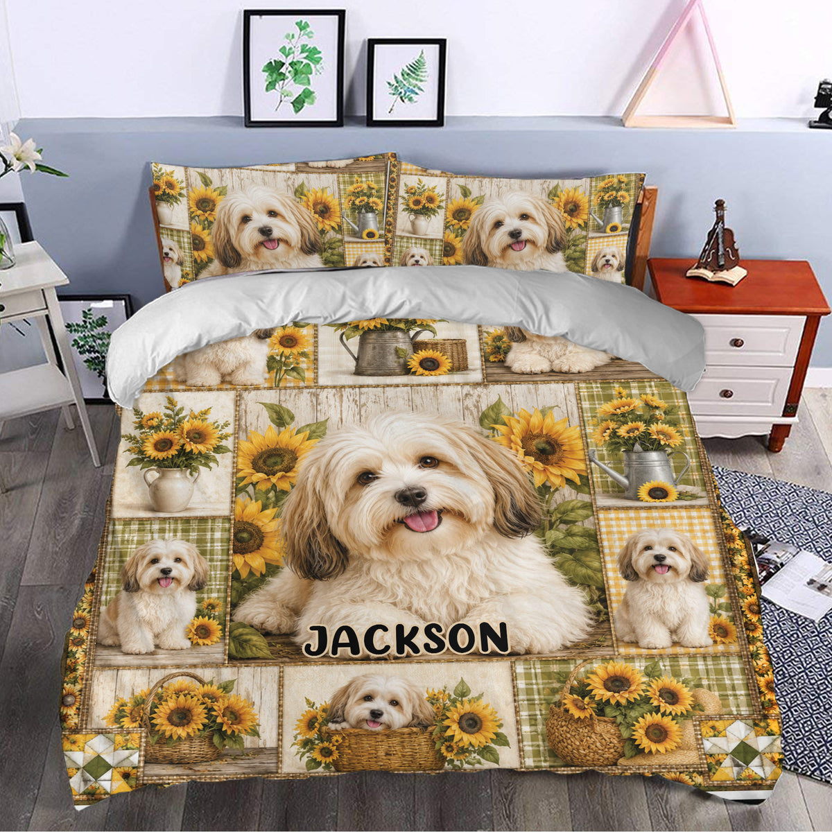 Havanese duvet cover set styled in a bedroom with sunflower artwork, rustic panels, and coordinated pillowcases