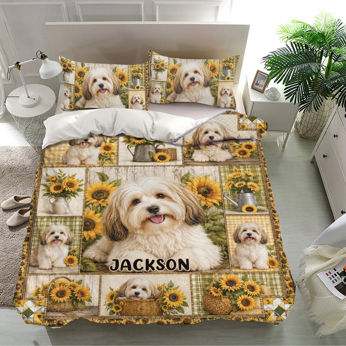 Havanese bedding set in a bright bedroom featuring smiling dogs, sunflower bouquets, rustic panels, and matching pillows