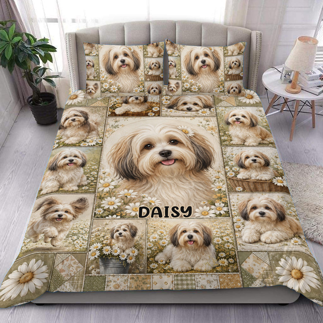Havanese dog duvet cover set displayed on a bed with floral patchwork artwork and matching pillowcases