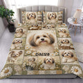 Havanese dog duvet cover set displayed on a bed with floral patchwork artwork and matching pillowcases