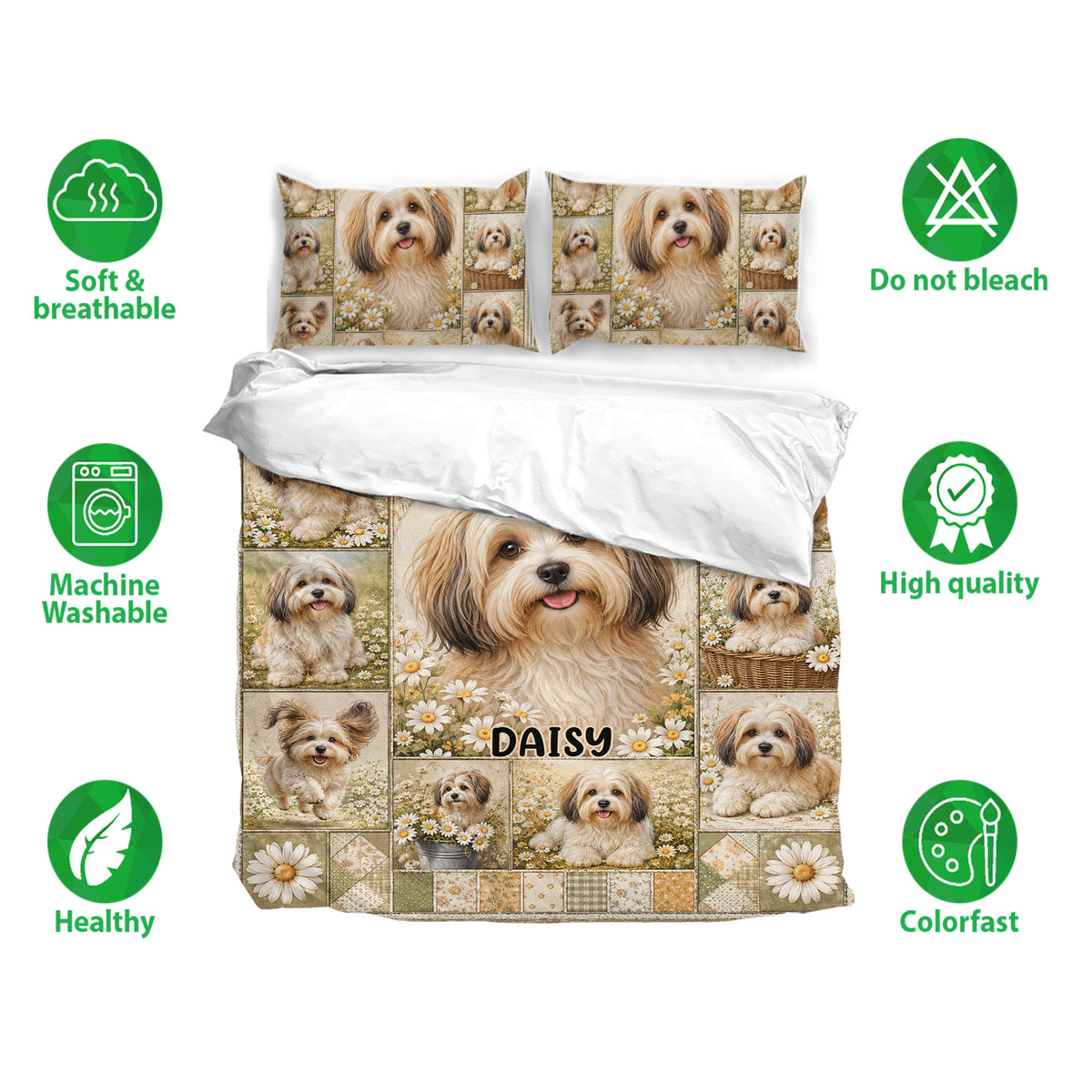 Havanese dog bedding set shown with matching pillowcases and soft, breathable, machine washable fabric icons