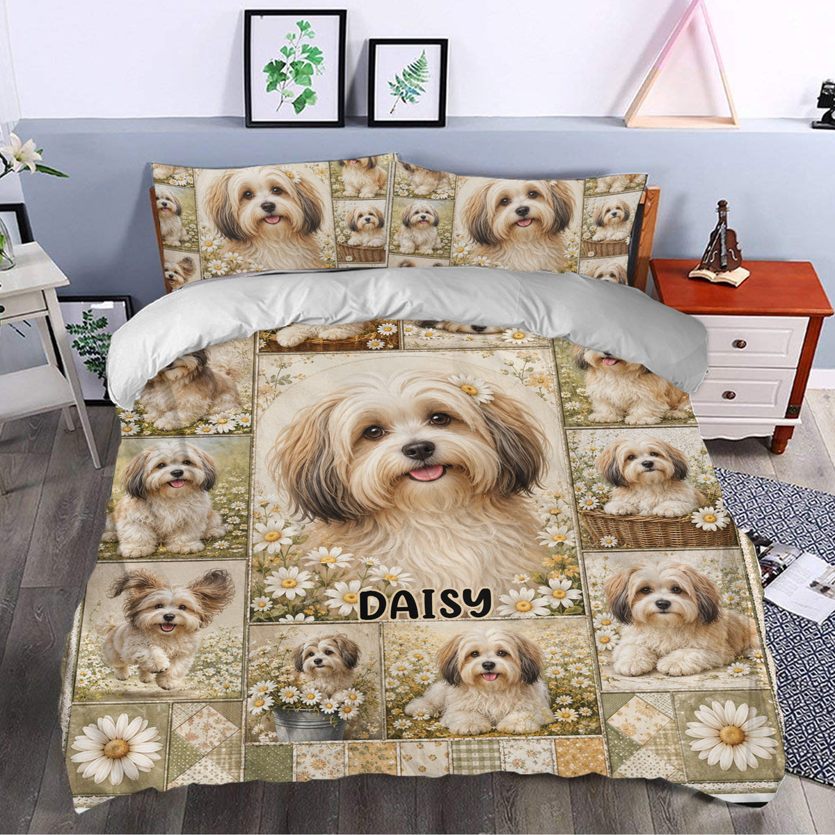 Havanese dog duvet cover styled in a bedroom with daisy flowers, patchwork panels, and matching pillows