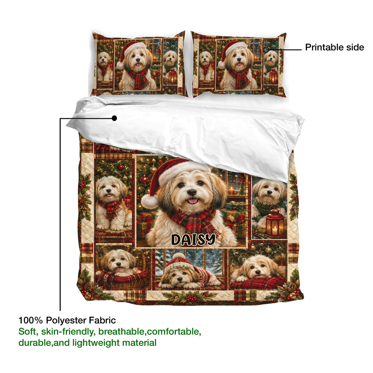 Havanese Christmas bedding set showing the printed side and soft lightweight polyester duvet cover fabric