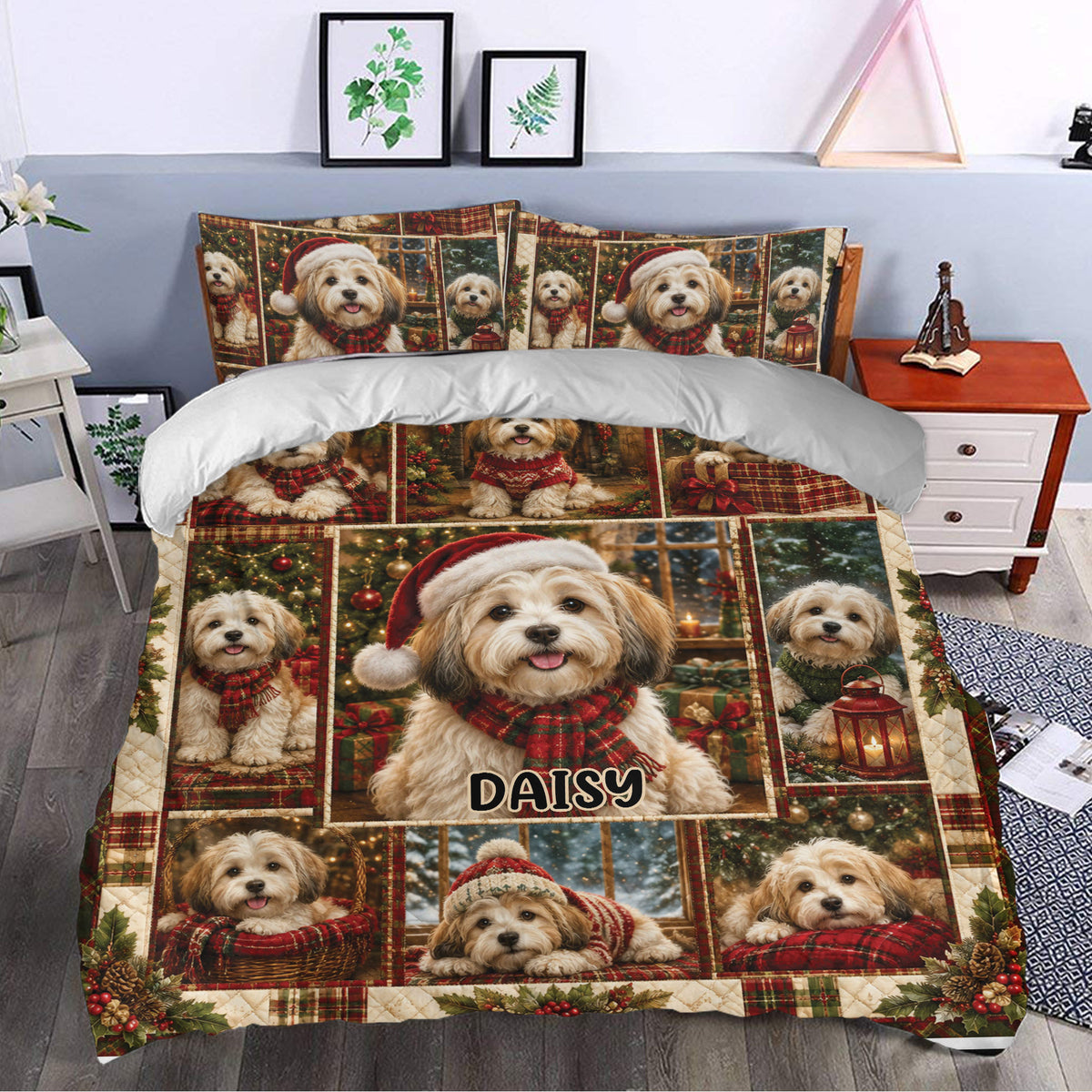 Havanese Christmas duvet cover styled in a cozy bedroom with festive dog portraits, gifts and plaid accents