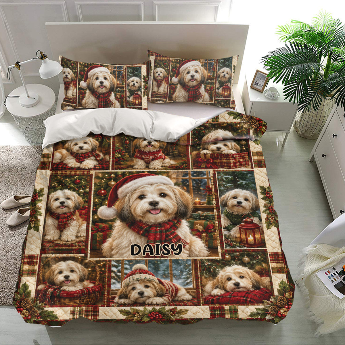 Havanese holiday duvet cover set displayed in a bright bedroom with matching pillowcases and Christmas artwork