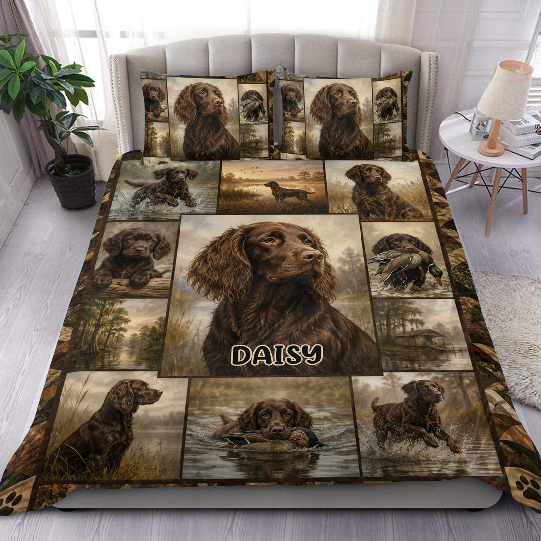 Boykin Spaniel duvet cover set displayed on a bed with brown dog portraits, puppies, ducks, and marsh scenes