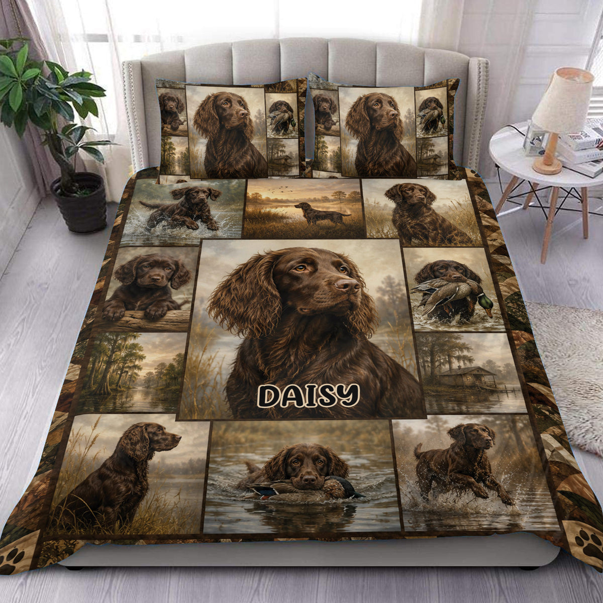 Boykin Spaniel duvet cover set displayed on a bed with brown dog portraits, puppies, ducks, and marsh scenes