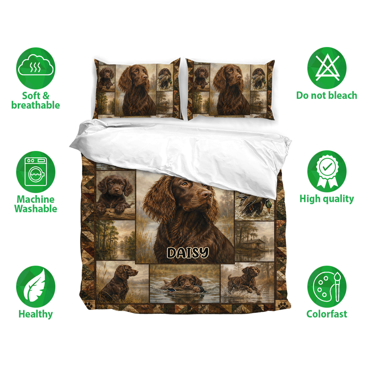 Boykin Spaniel bedding set with coordinated pillowcases, soft breathable fabric, and woodland waterfowl artwork
