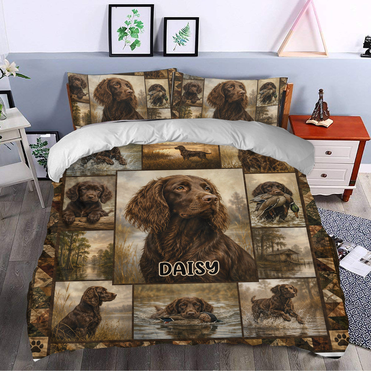 Boykin Spaniel duvet cover styled in a bedroom with brown dog portraits, duck hunting scenes, and rustic artwork