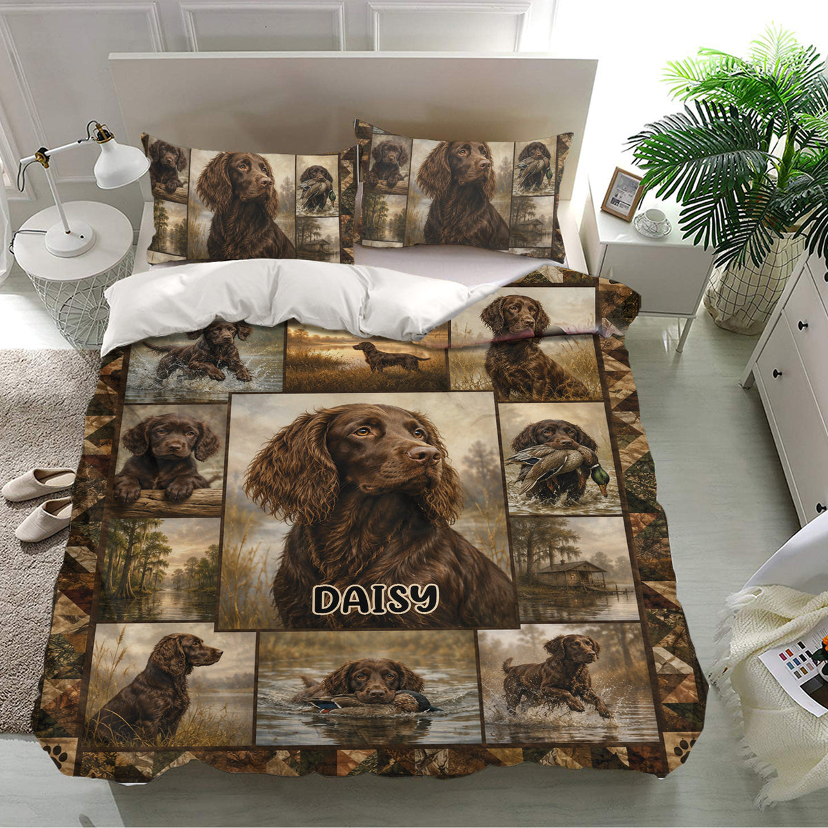 Boykin Spaniel bedding set in a bright bedroom featuring marsh landscapes, puppies, waterfowl, and rich brown tones