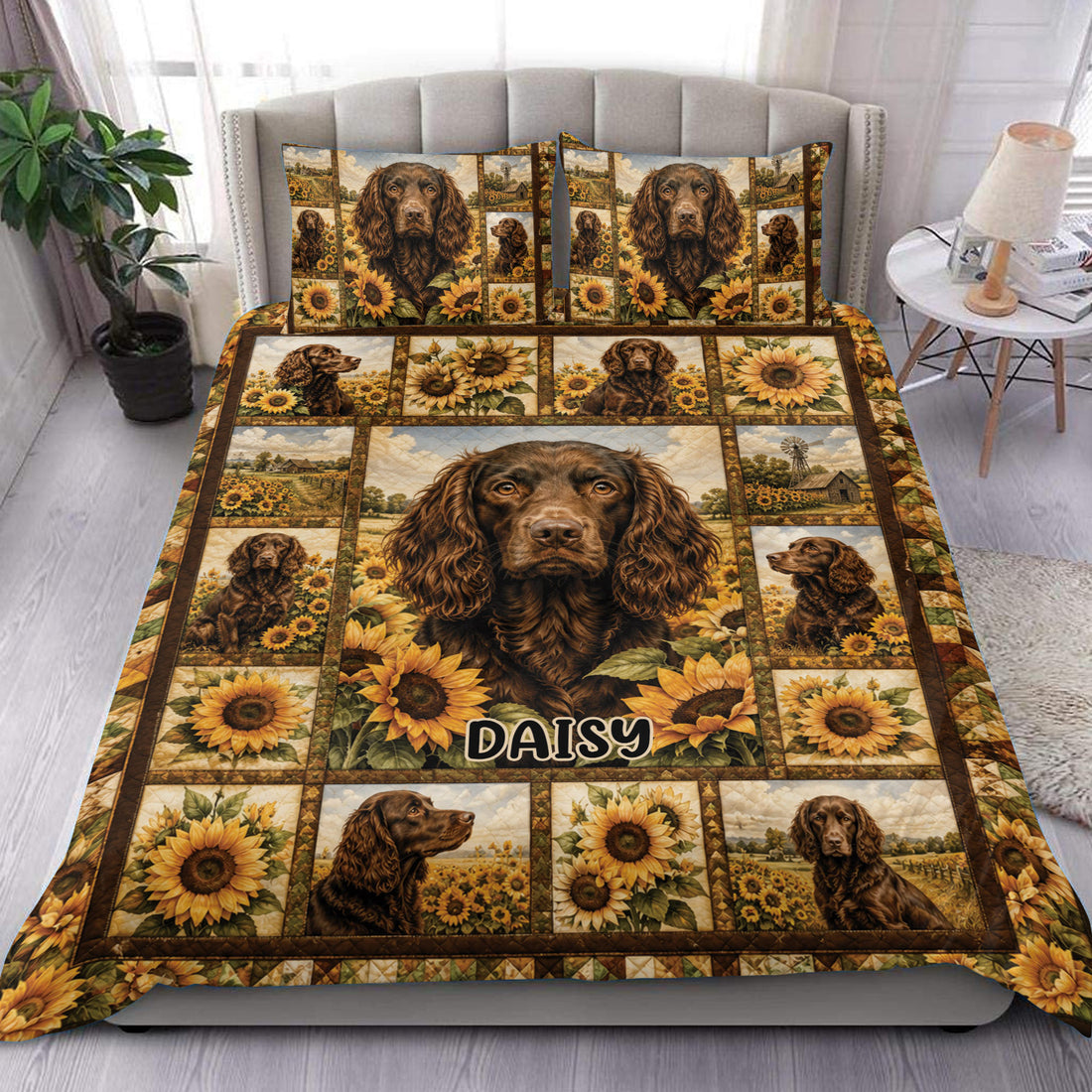 Boykin Spaniel duvet cover bedding set with sunflower panels and rustic farm scenery displayed on a bedroom