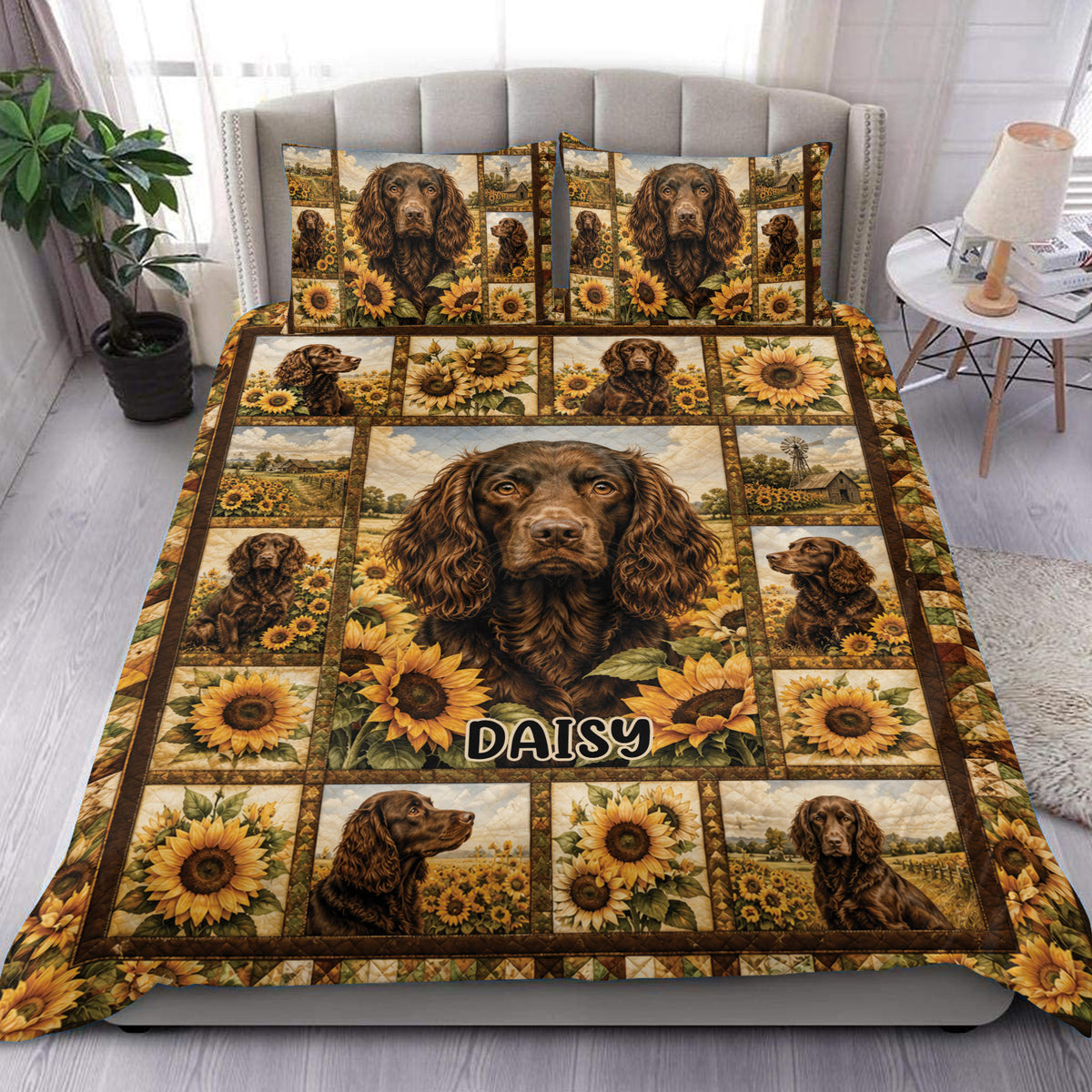 Boykin Spaniel duvet cover bedding set with sunflower panels and rustic farm scenery displayed on a bedroom