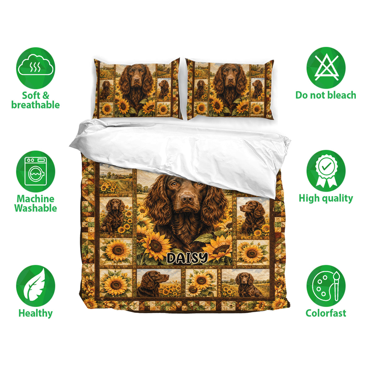 Boykin Spaniel bedding set with sunflower artwork, matching pillowcases, and soft breathable fabric features