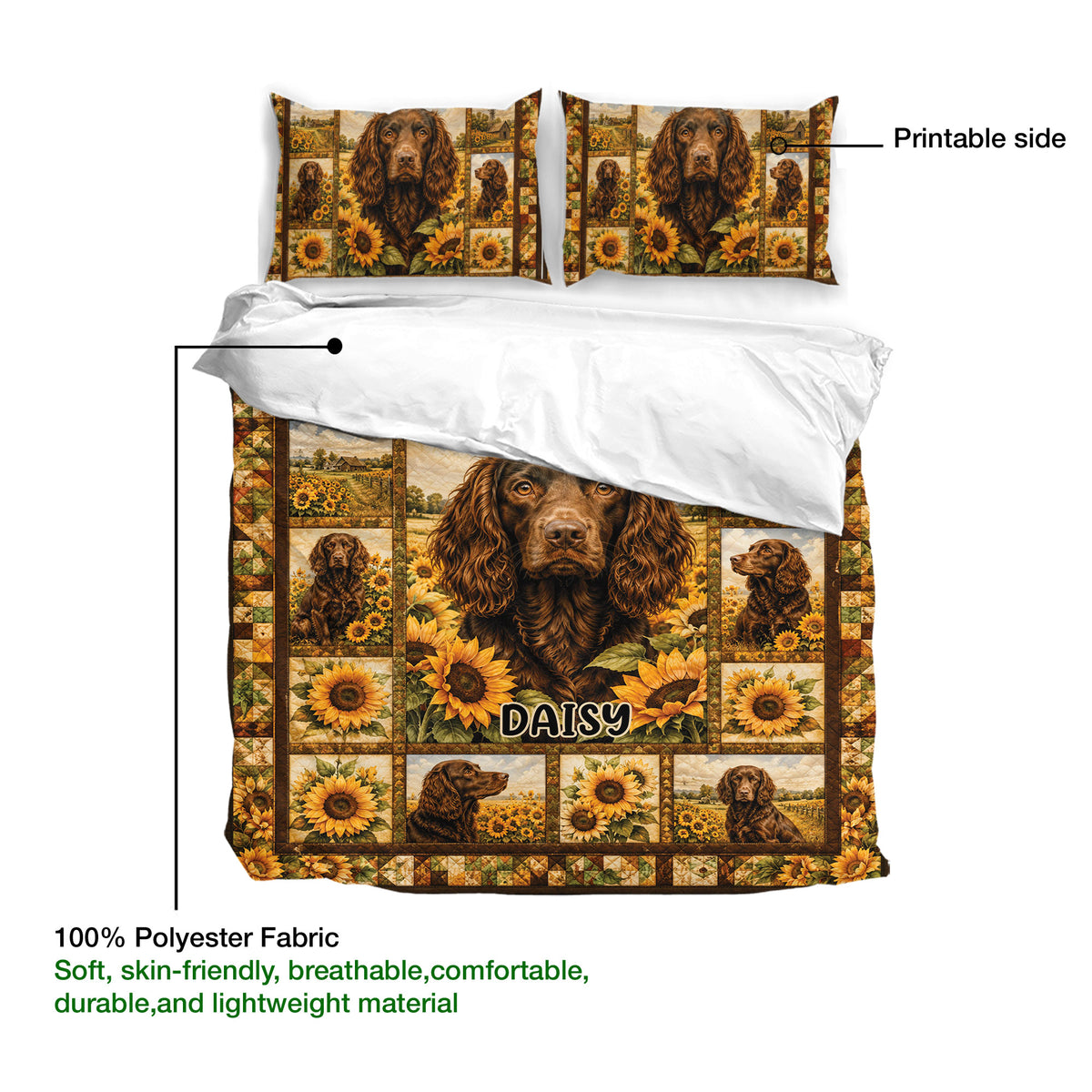 Boykin Spaniel duvet cover with detailed dog portraits, sunflower artwork, and a rustic patchwork design