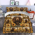 Boykin Spaniel duvet cover bedding set styled in a bedroom with matching dog and sunflower pillowcases