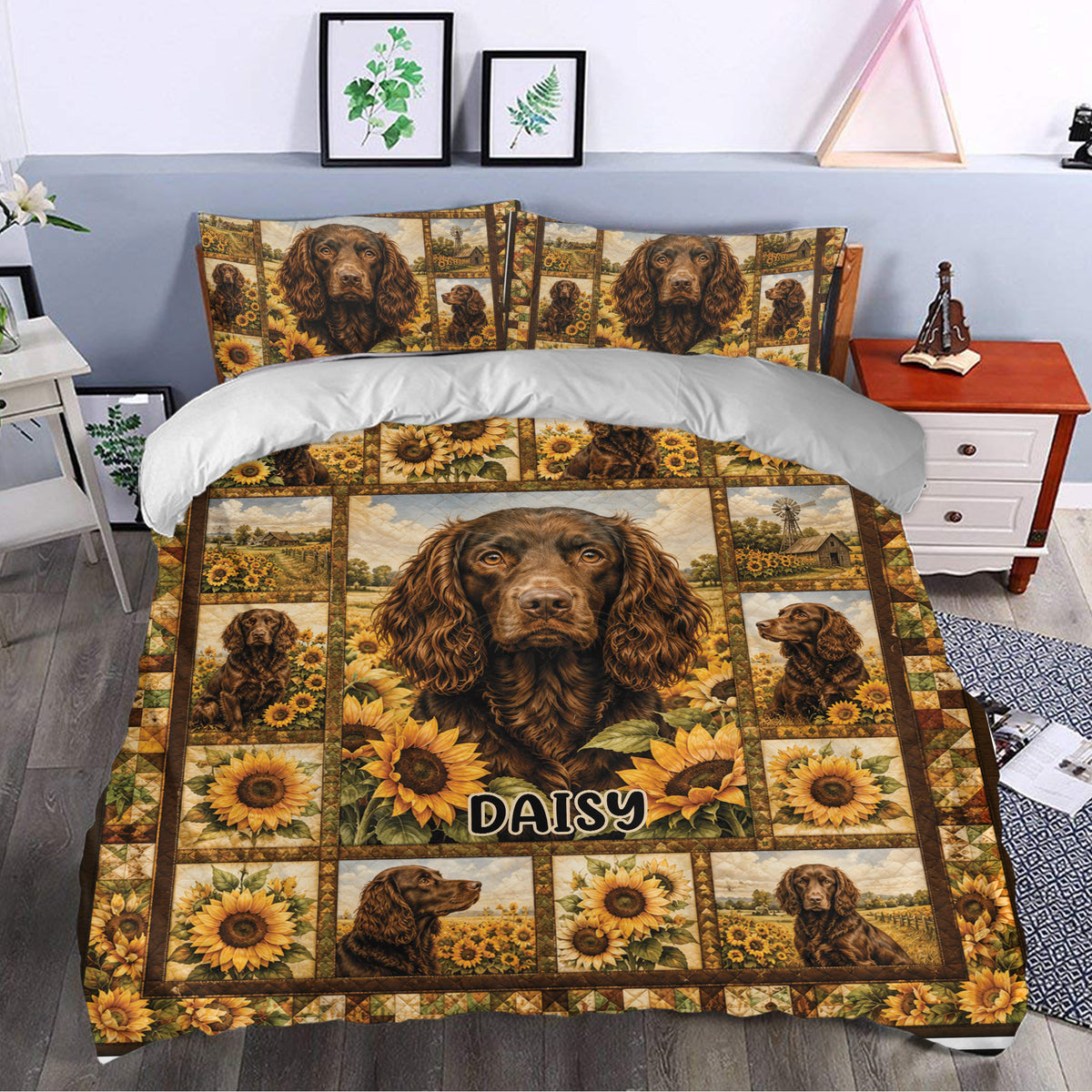 Boykin Spaniel duvet cover bedding set styled in a bedroom with matching dog and sunflower pillowcases