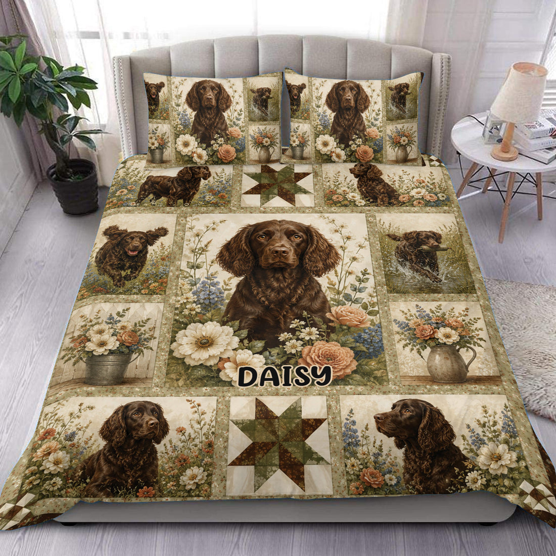 Boykin Spaniel duvet cover set displayed on a bed with floral panels, rustic colors, and dog artwork