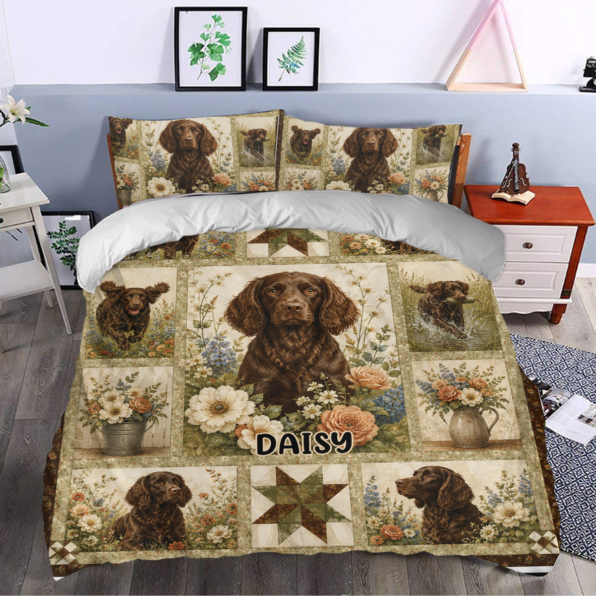 Boykin Spaniel duvet cover set styled in a bedroom with floral dog artwork and rustic farmhouse decor