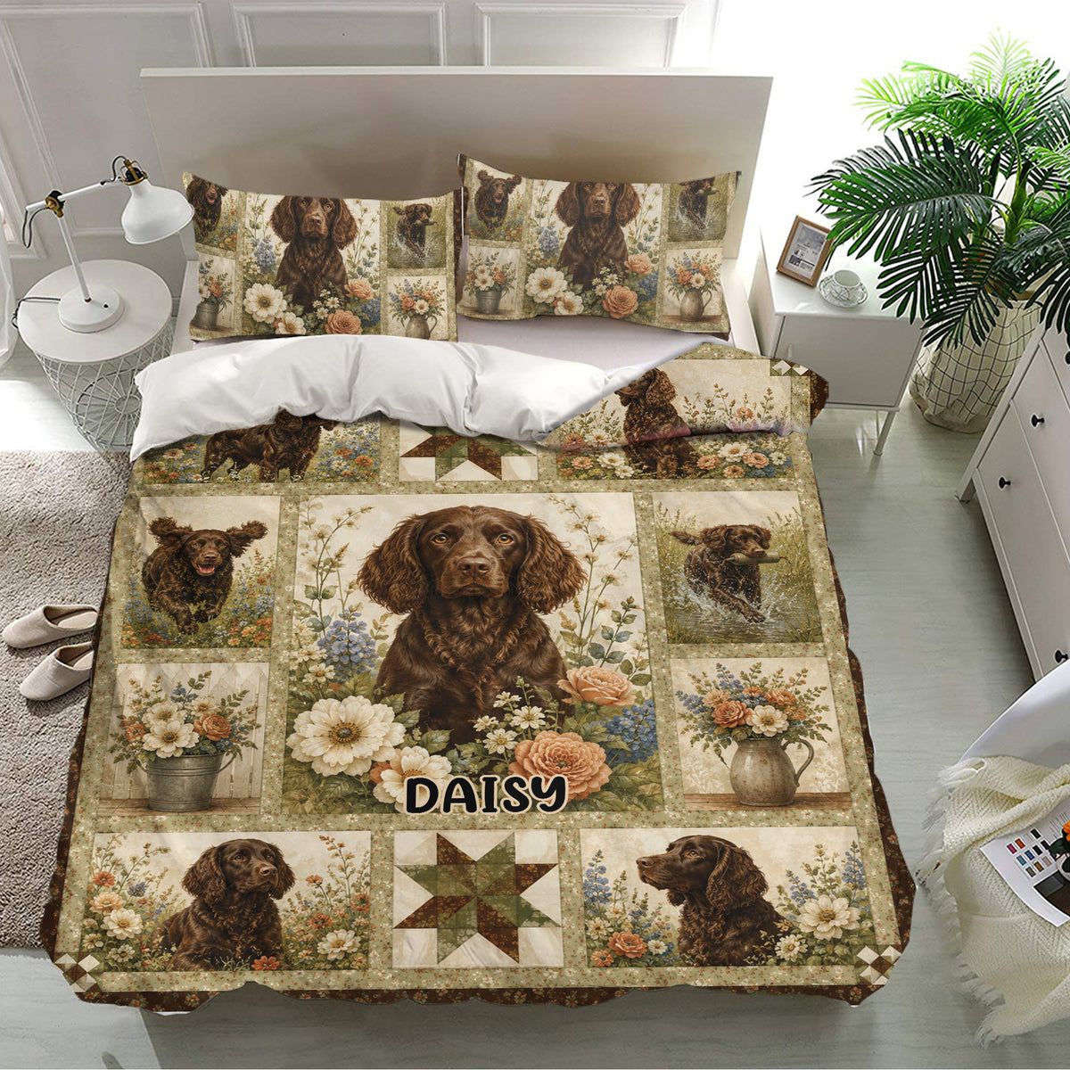 Boykin Spaniel bedding set in a bright bedroom featuring matching floral dog pillowcases and duvet cover