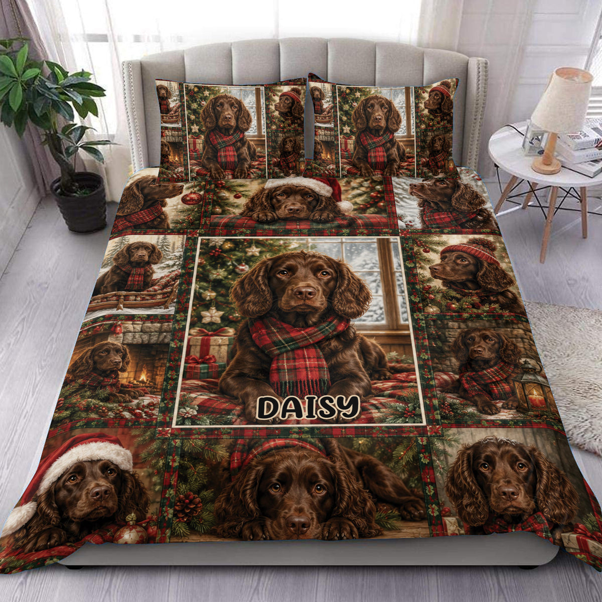 Boykin Spaniel duvet cover set displayed on a bed with Christmas scenes, plaid scarves, gifts, and evergreen accents