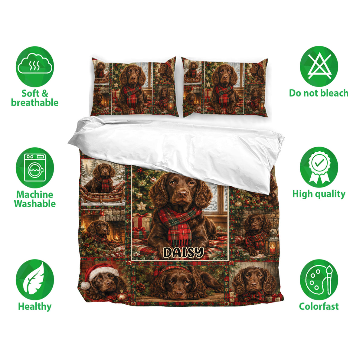 Boykin Spaniel Christmas duvet cover bedding set shown with matching pillowcases and soft, breathable fabric features