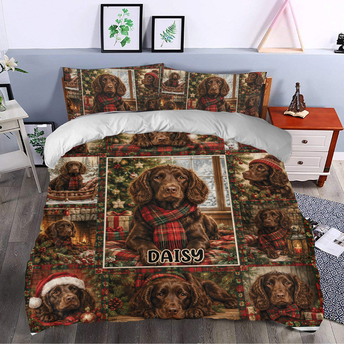 Boykin Spaniel Christmas bedding set styled in a bedroom with festive dog portraits, plaid scarves, and holiday greenery