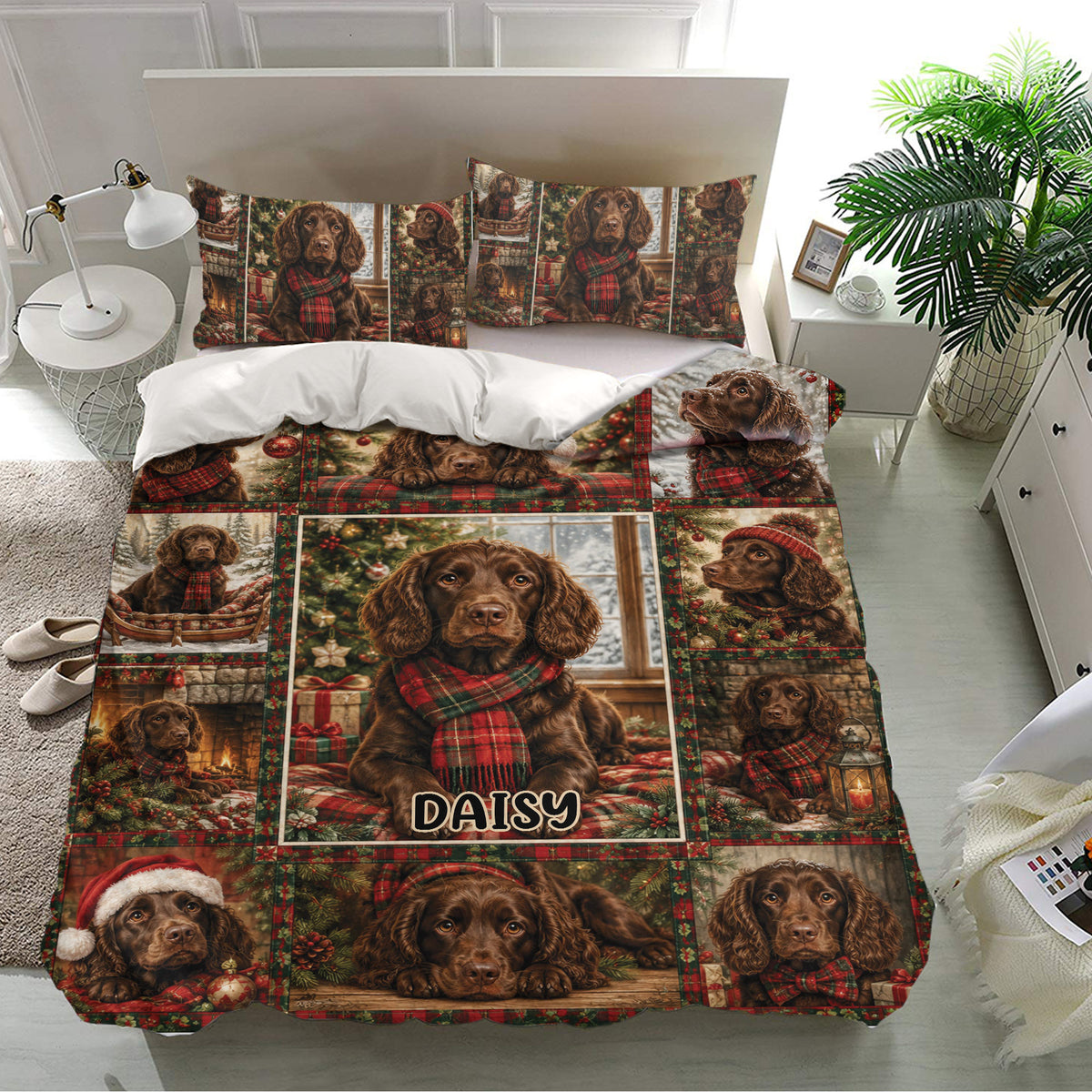 Boykin Spaniel duvet cover bedding set shown in a bright bedroom with Christmas dog artwork and matching pillowcases
