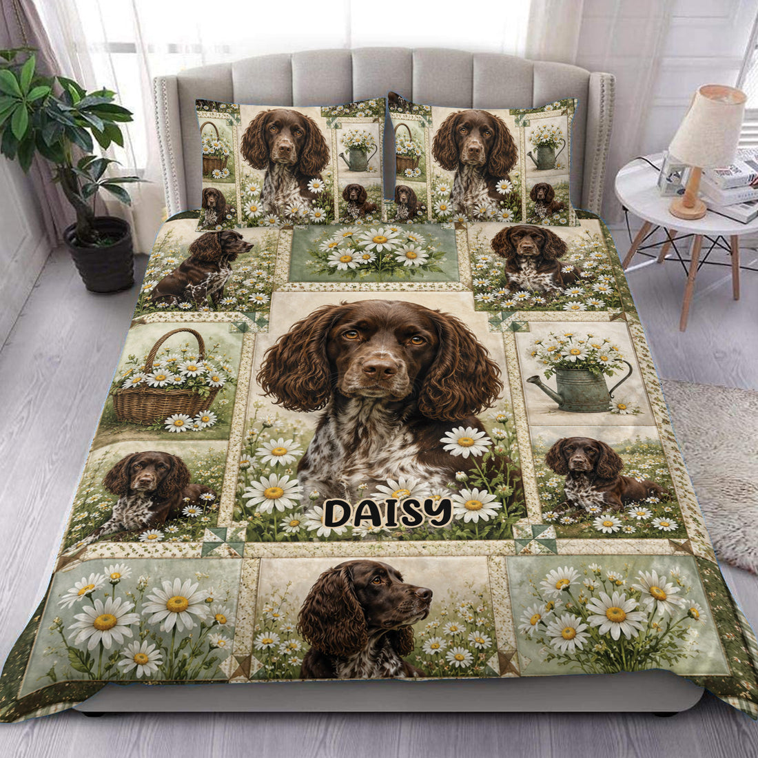 Boykin Spaniel duvet cover bedding set displayed on a bed with daisies, garden motifs, and rich brown tones