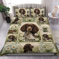 Boykin Spaniel duvet cover bedding set displayed on a bed with daisies, garden motifs, and rich brown tones