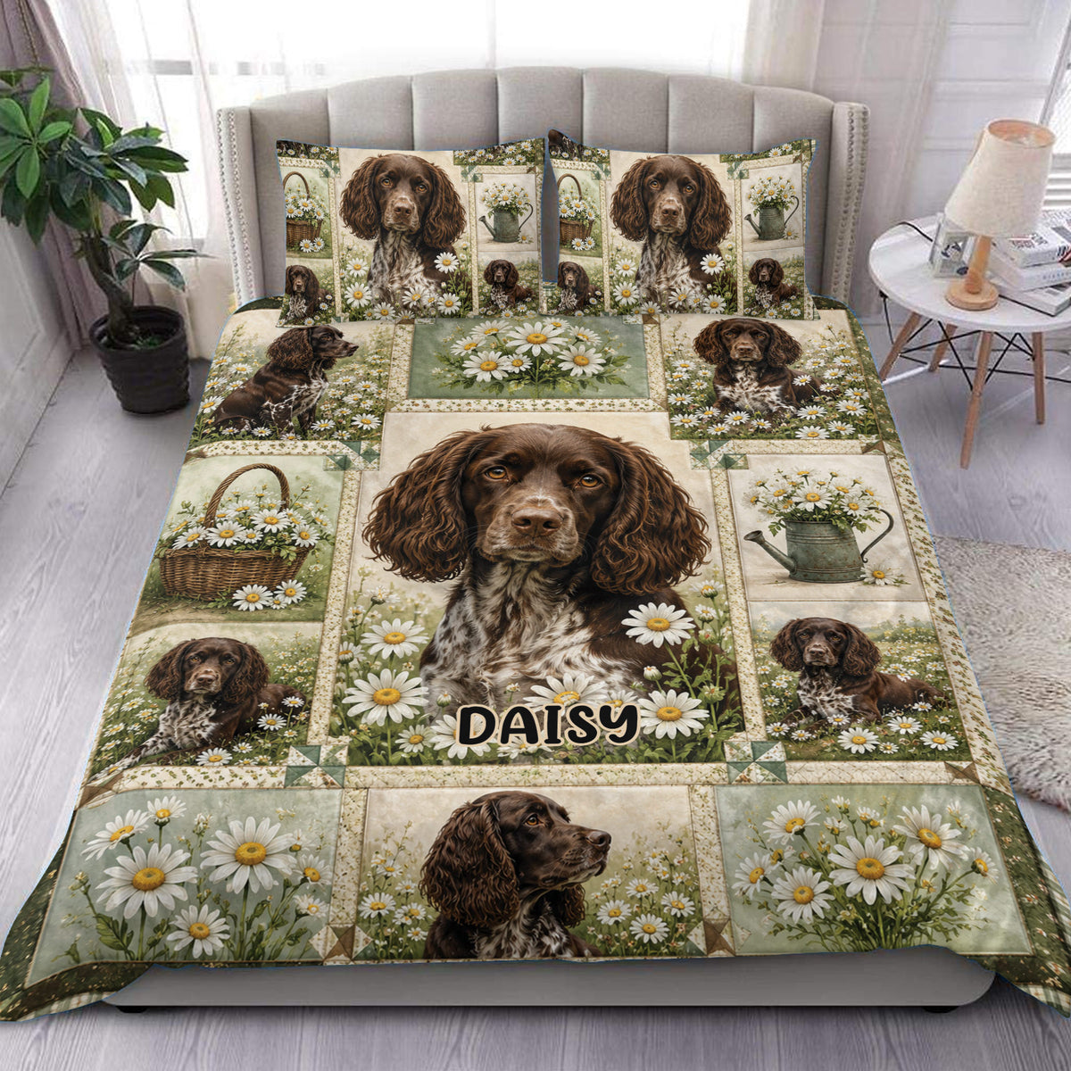 Boykin Spaniel duvet cover bedding set displayed on a bed with daisies, garden motifs, and rich brown tones