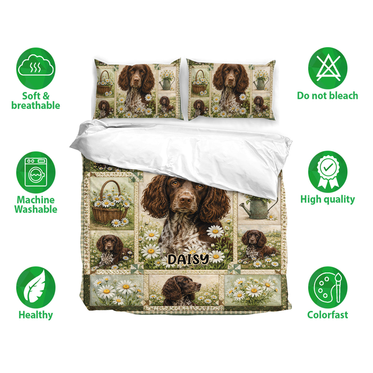 Boykin Spaniel duvet cover set with floral dog artwork shown alongside soft, breathable, washable fabric features