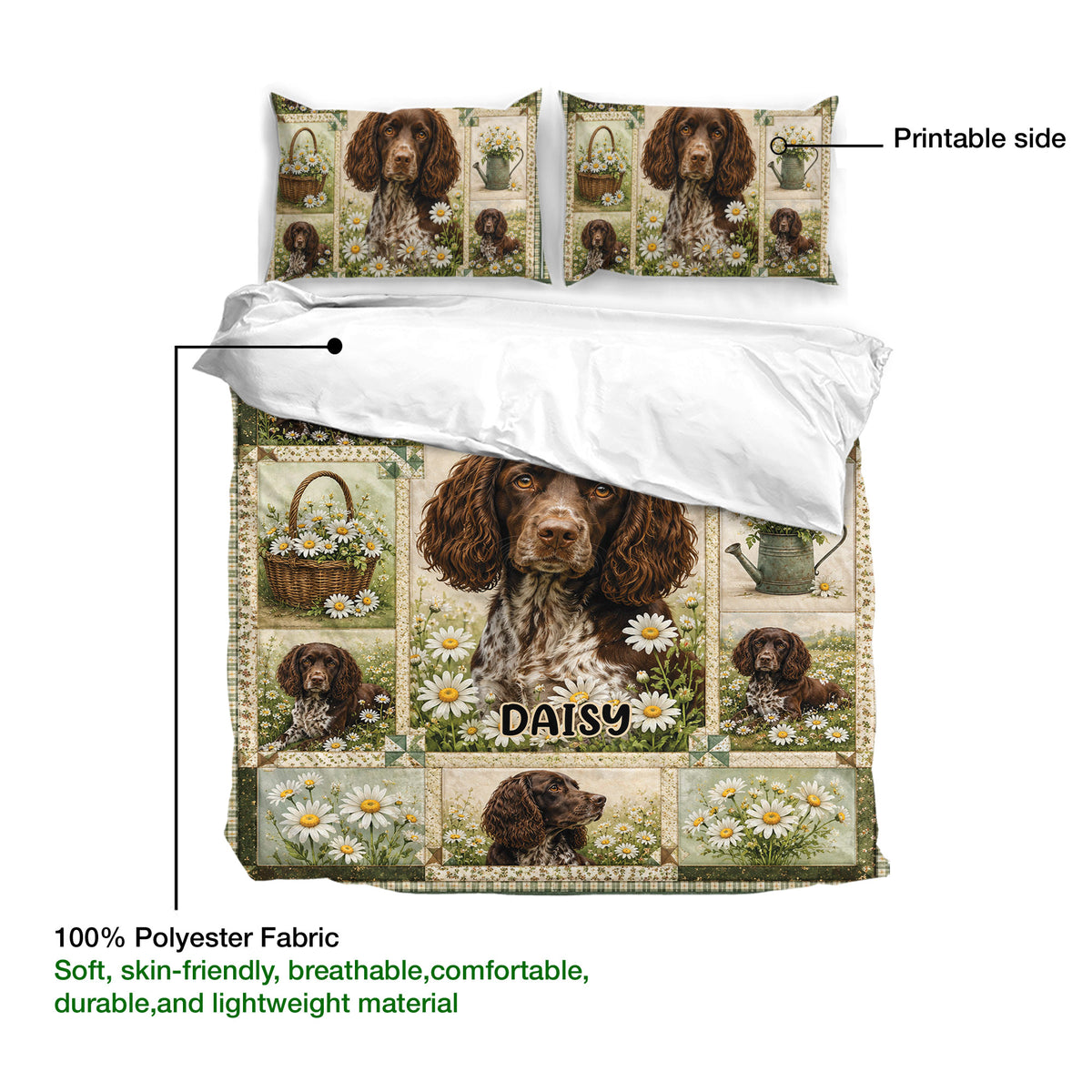 Boykin Spaniel bedding set showing the floral printable side and soft 100% polyester fabric design